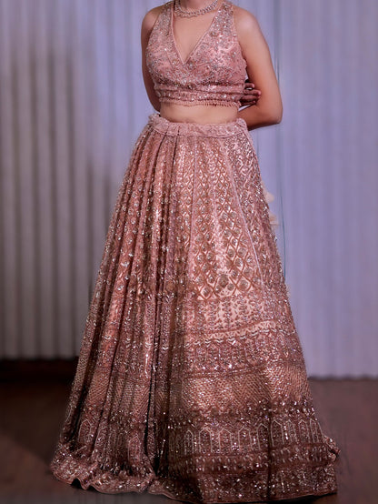 Peach Color Sequins Embroidery Soft Net Bridal Lehenga