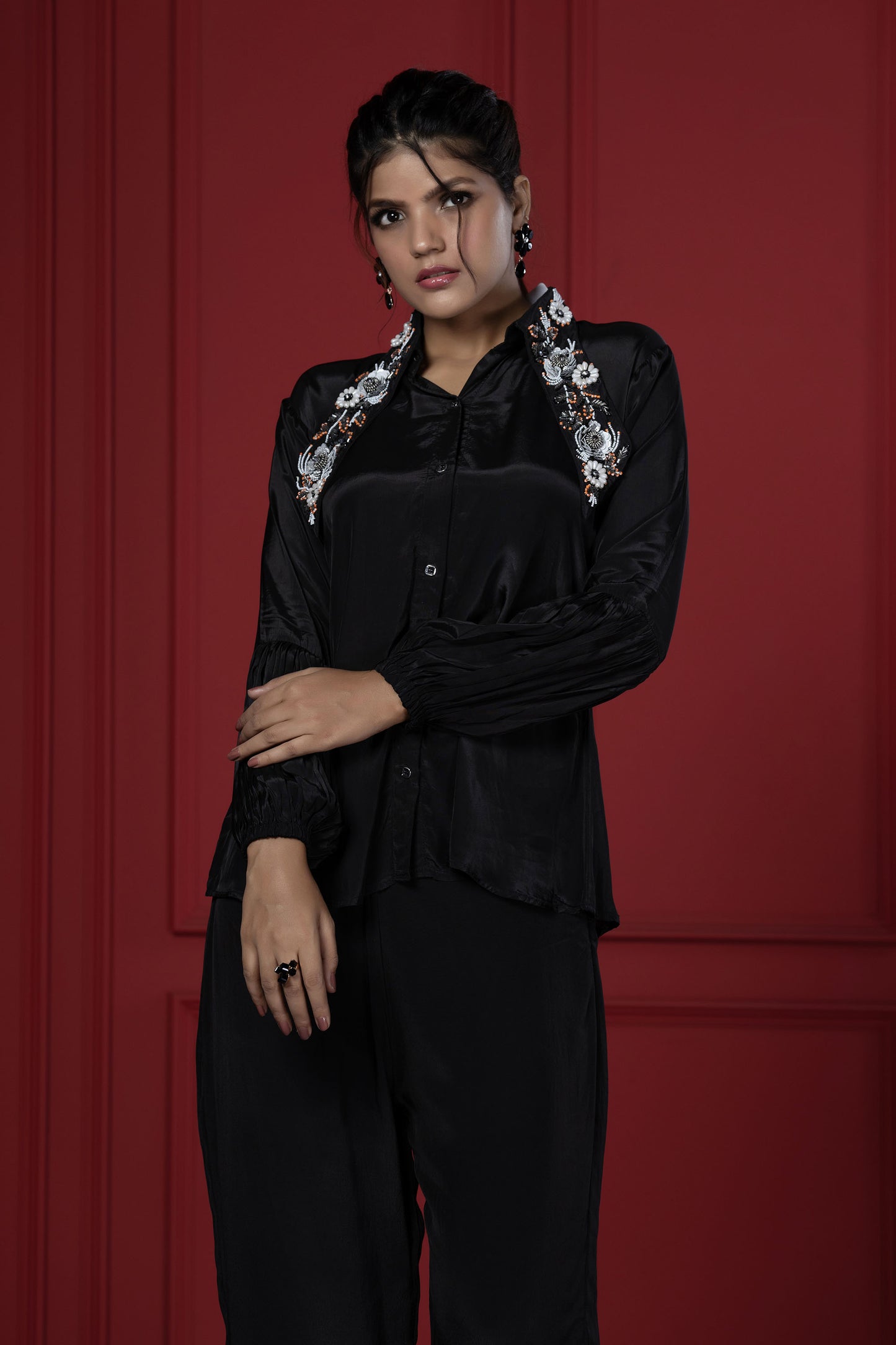 Black Long Collar Pant Set