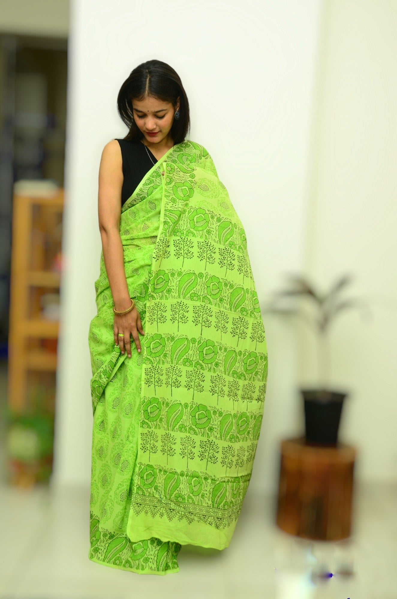 Summer Vacation Collection - Hariya Baag -Green Handblock Print Natural Dyed - Mulmul Cotton Saree