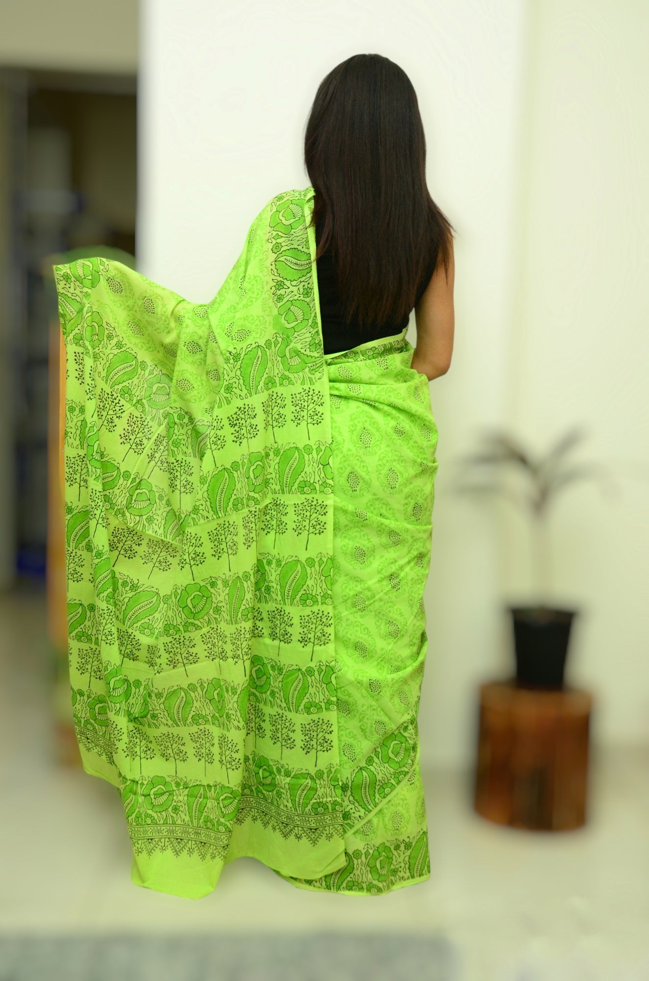 Summer Vacation Collection - Hariya Baag -Green Handblock Print Natural Dyed - Mulmul Cotton Saree
