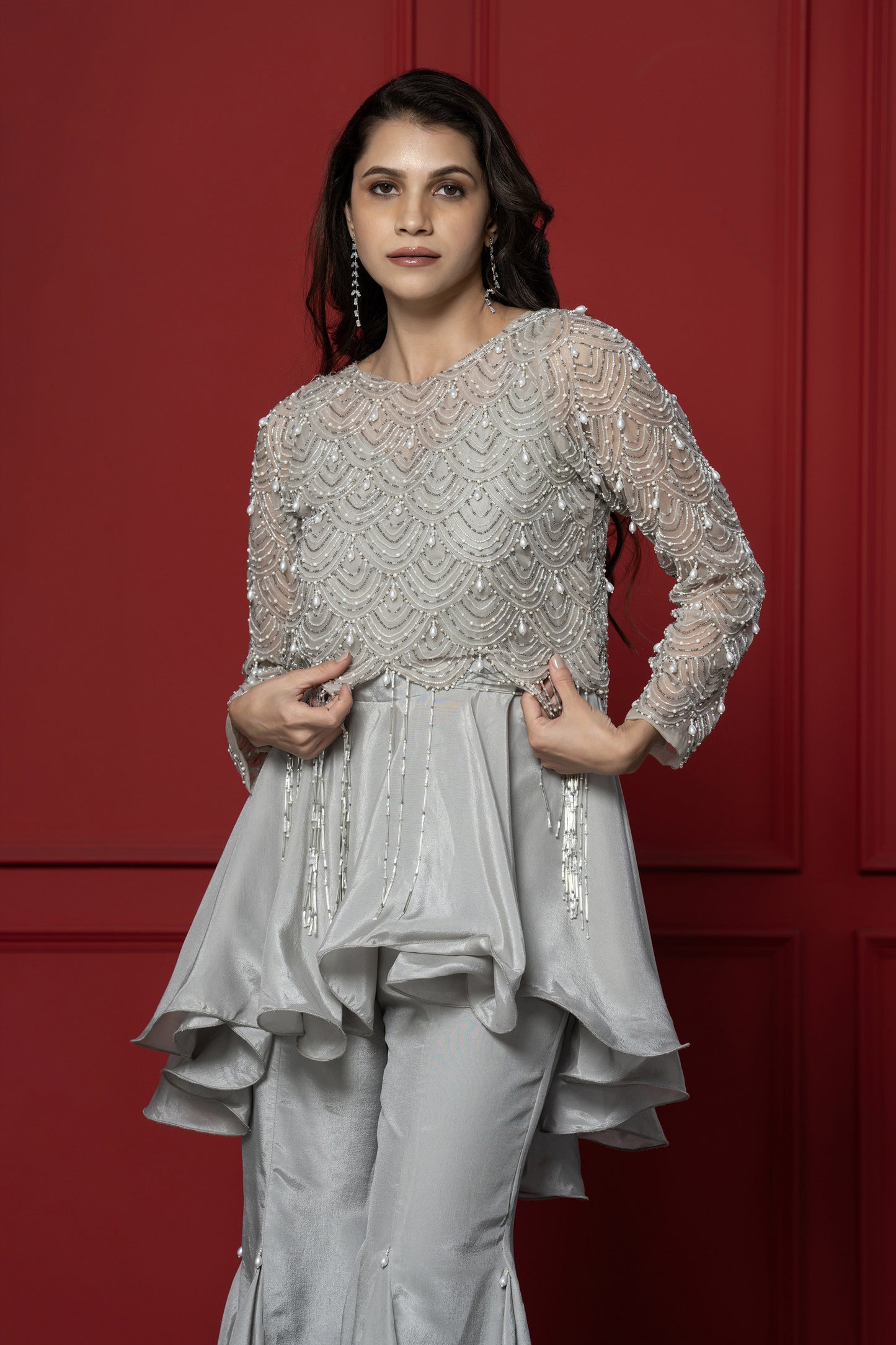 Grey Upada silk 3-Piece peplum Set