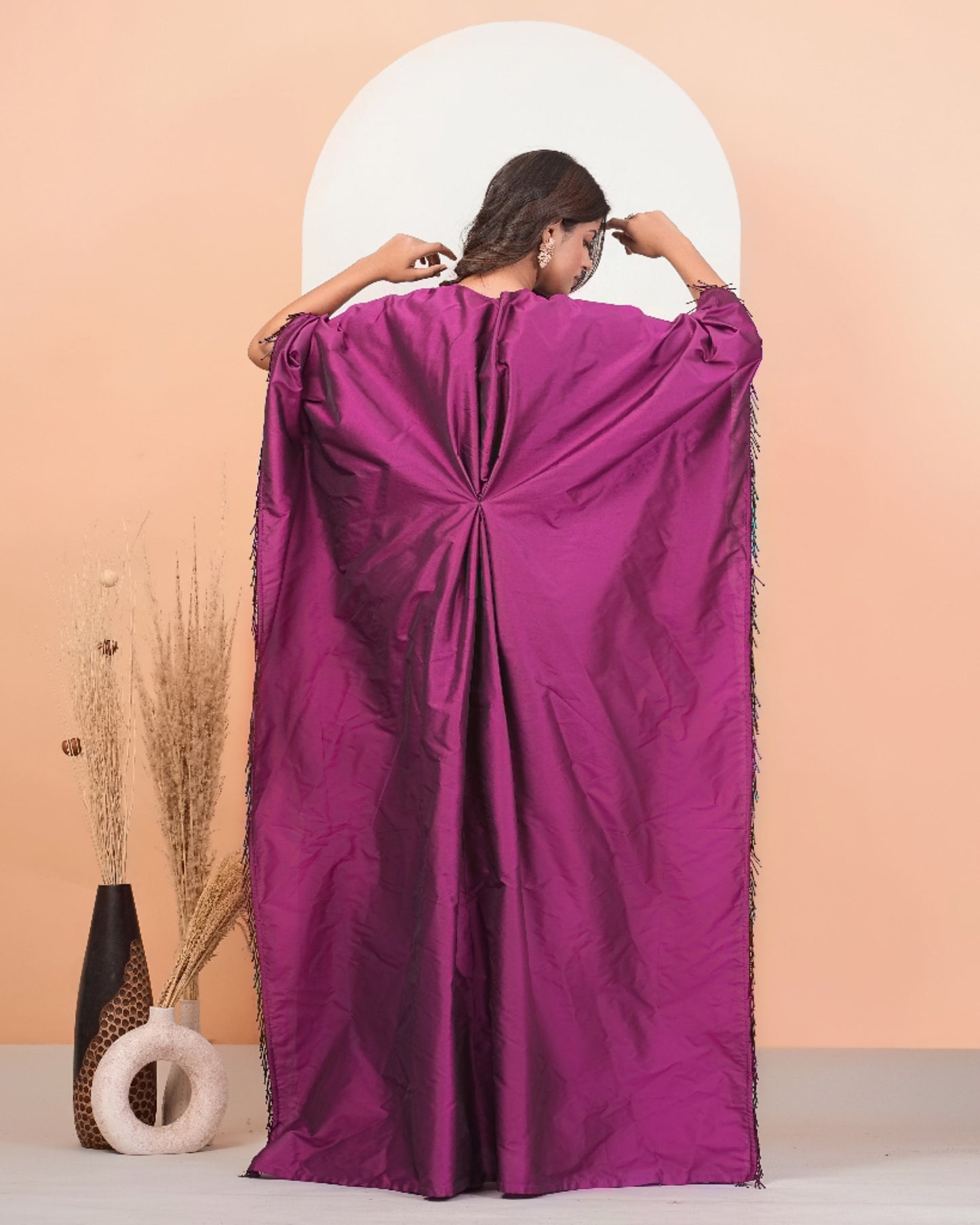 Radiant Orchid Pink Floor-Length Kaftan Dress With Tassel Embellishments