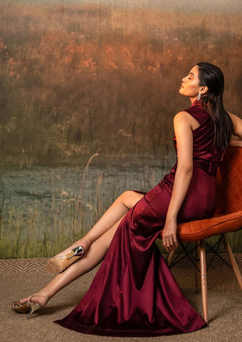 Althea Satin Party Wear Dress in Deep Maroon