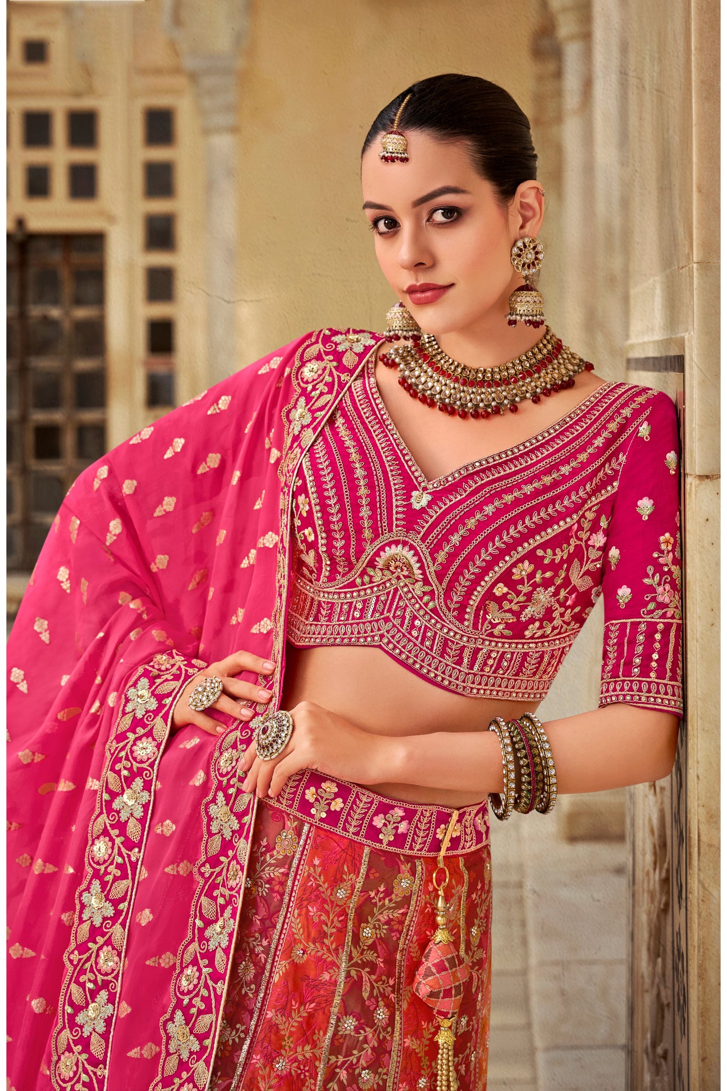 Pink Zarkan and Sequence Embroidered Banarasi silk Bridal Lehenga