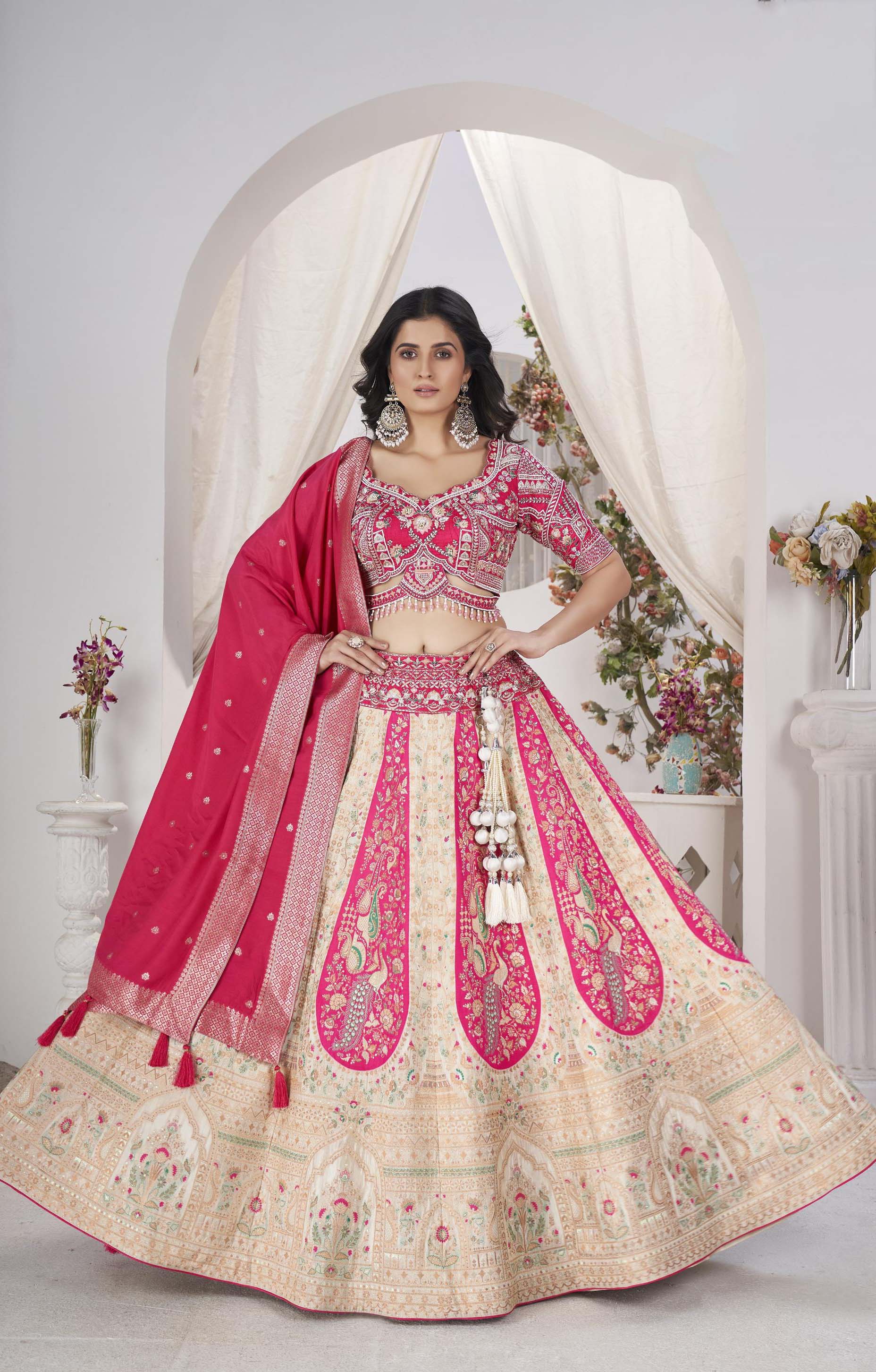 Pink and Beige Sequins Embroidered Jacquard Lehenga Choli