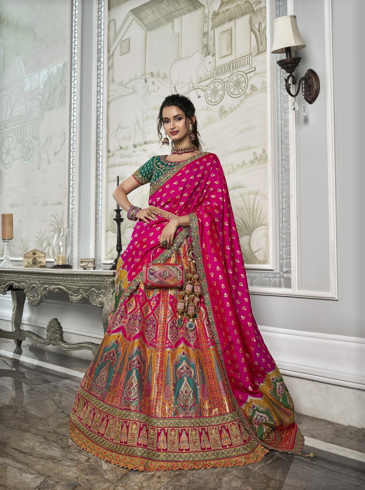 Pink and Green Zarkan Embroidered Banarasi Silk Bridal Lehenga 