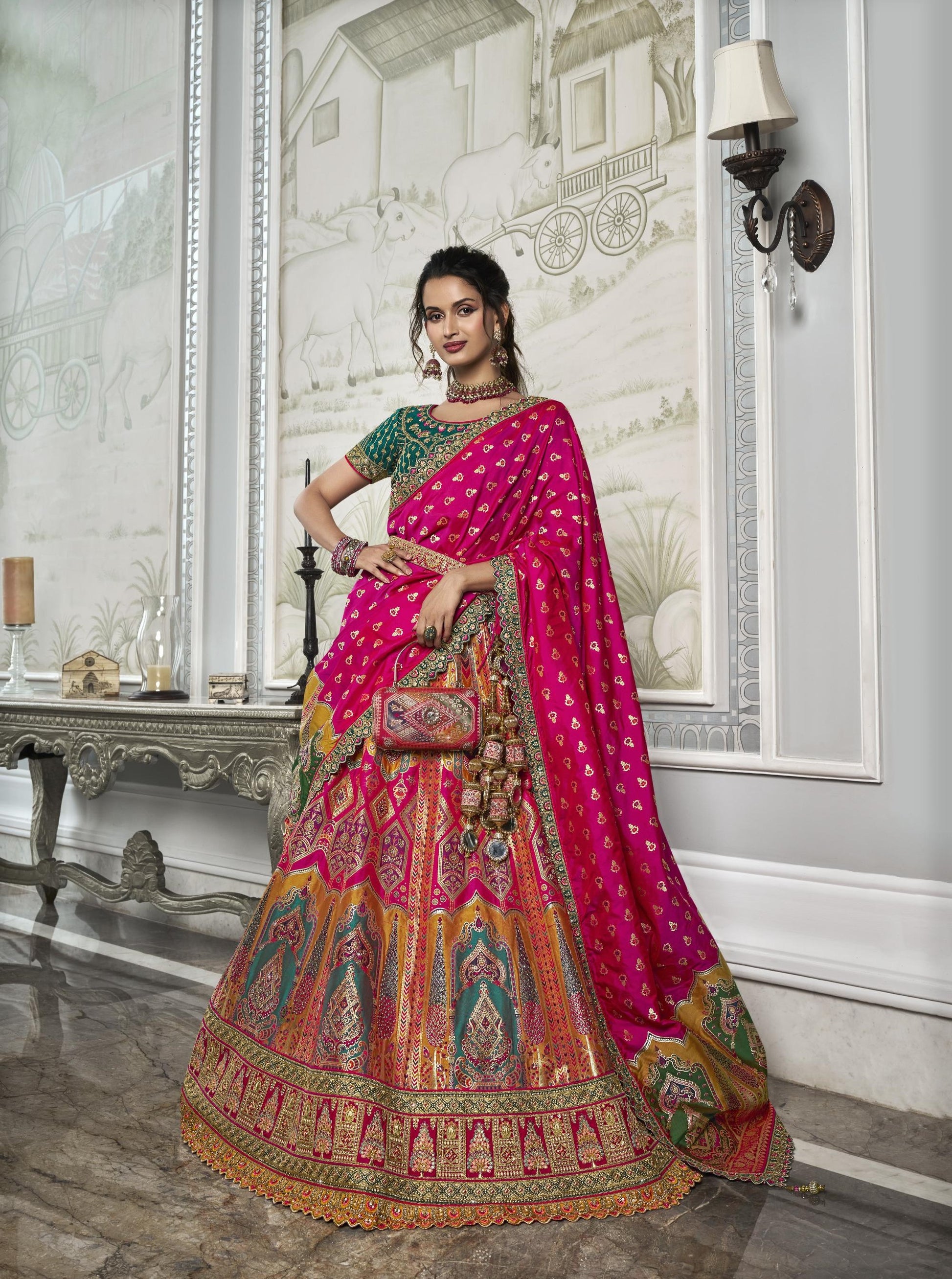 Pink and Green Zarkan Embroidered Banarasi Silk Bridal Lehenga 