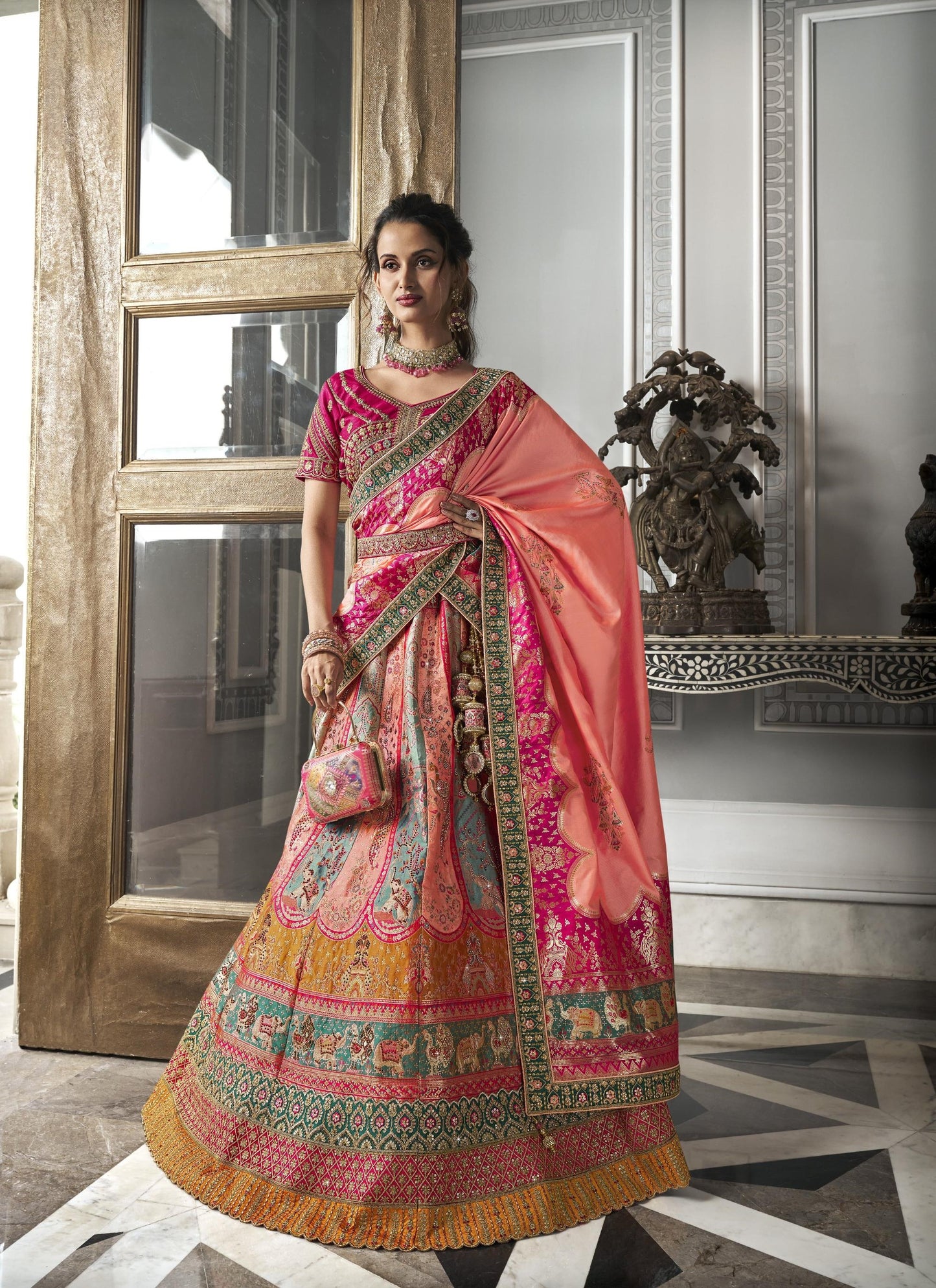 Pink and Peach Zarkan Embroidered Banarasi Silk Bridal Lehenga