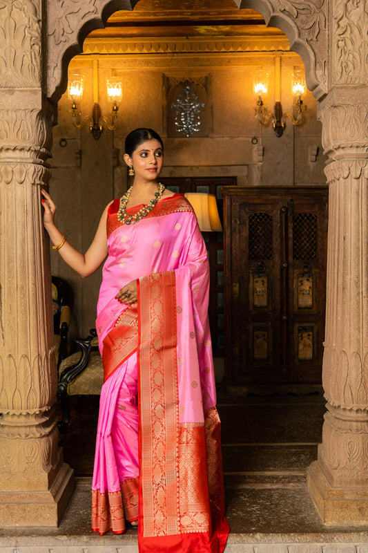 Pink Handwoven Kadwa Katan Silk Saree - Panaya