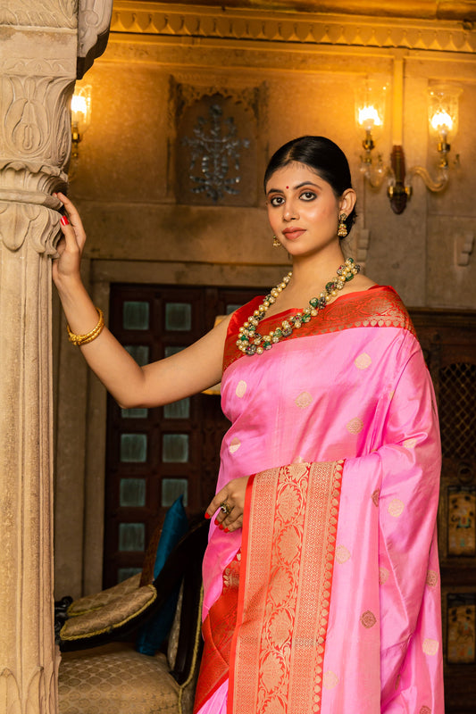 Pink Handwoven Kadwa Katan Silk Saree - Panaya