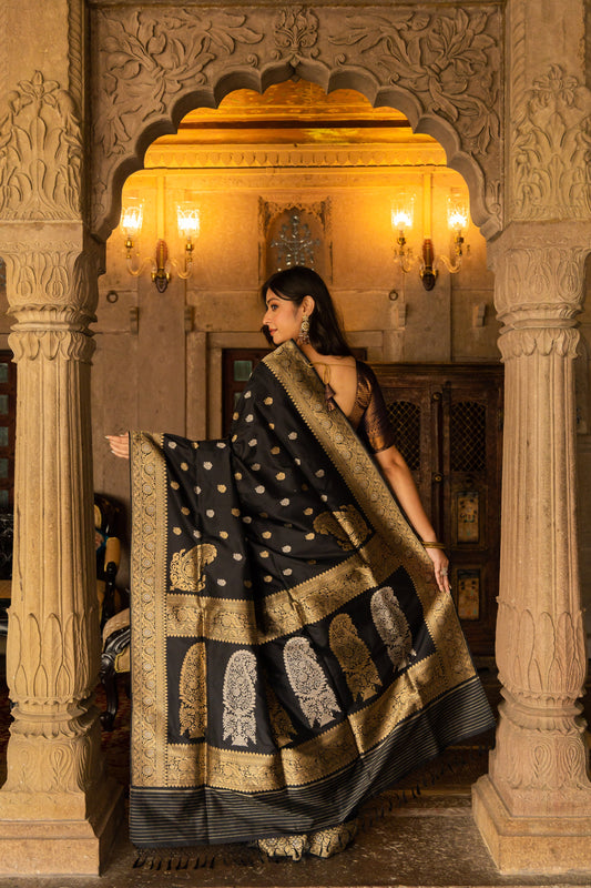 Black Handwoven Kadwa Katan Silk Saree - Panaya