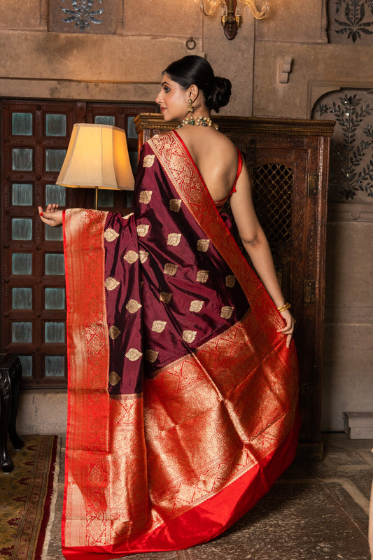 Maroon Handwoven Kadwa Katan Silk Saree - Panaya