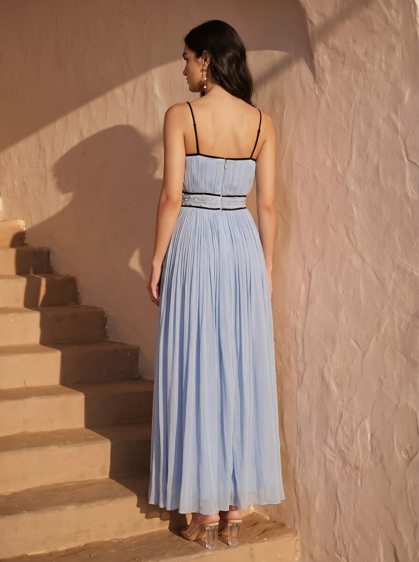 Celeste  Powder Blue Chinon Pearl Hand Work Party Wear Pleated Maxi Dress