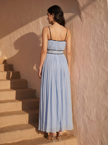 Celeste  Powder Blue Chinon Pearl Hand Work Party Wear Pleated Maxi Dress