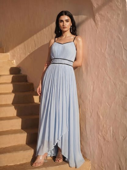 Celeste  Powder Blue Chinon Pearl Hand Work Party Wear Pleated Maxi Dress