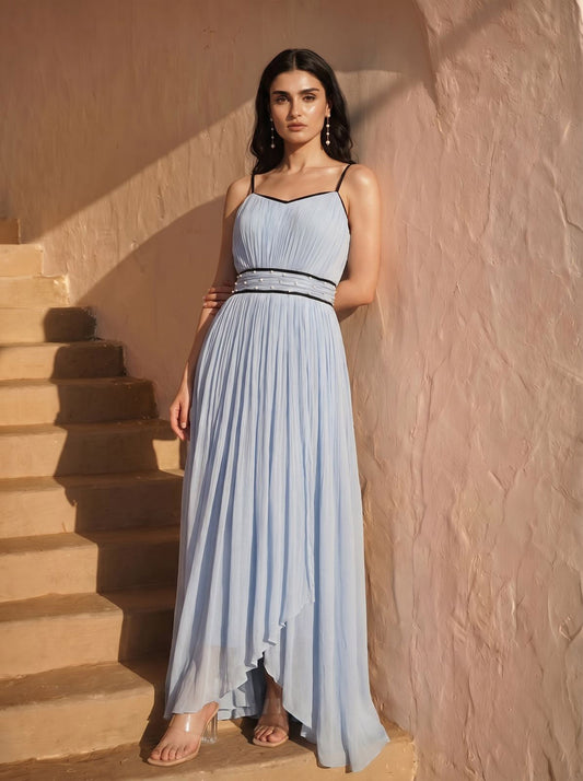 Celeste  Powder Blue Chinon Pearl Hand Work Party Wear Pleated Maxi Dress
