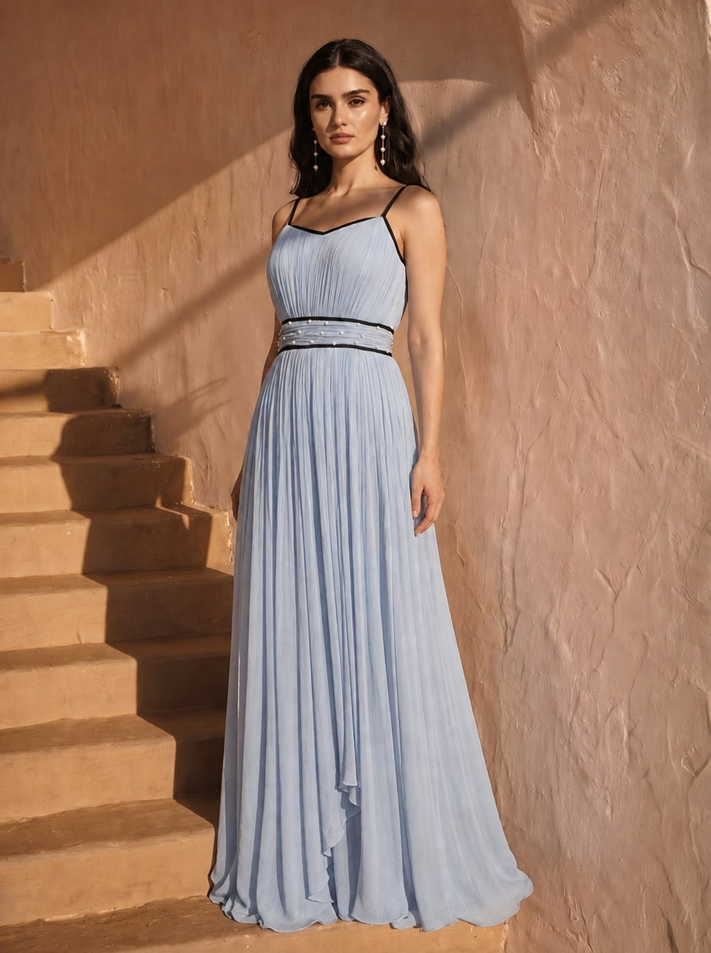 Celeste  Powder Blue Chinon Pearl Hand Work Party Wear Pleated Maxi Dress