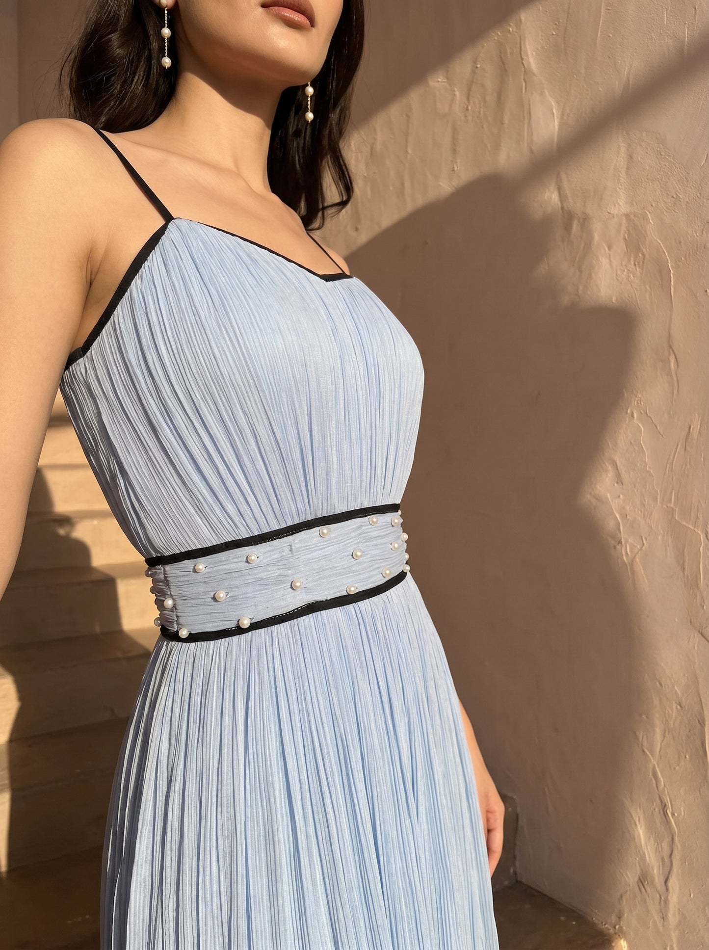 Celeste  Powder Blue Chinon Pearl Hand Work Party Wear Pleated Maxi Dress