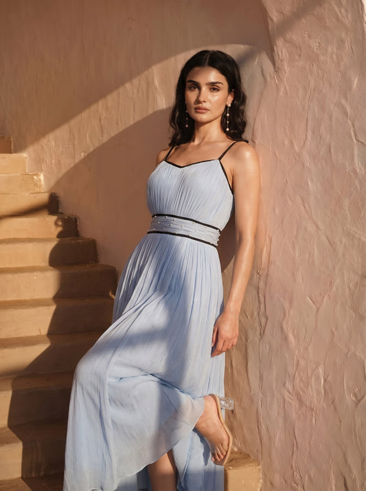 Celeste  Powder Blue Chinon Pearl Hand Work Party Wear Pleated Maxi Dress