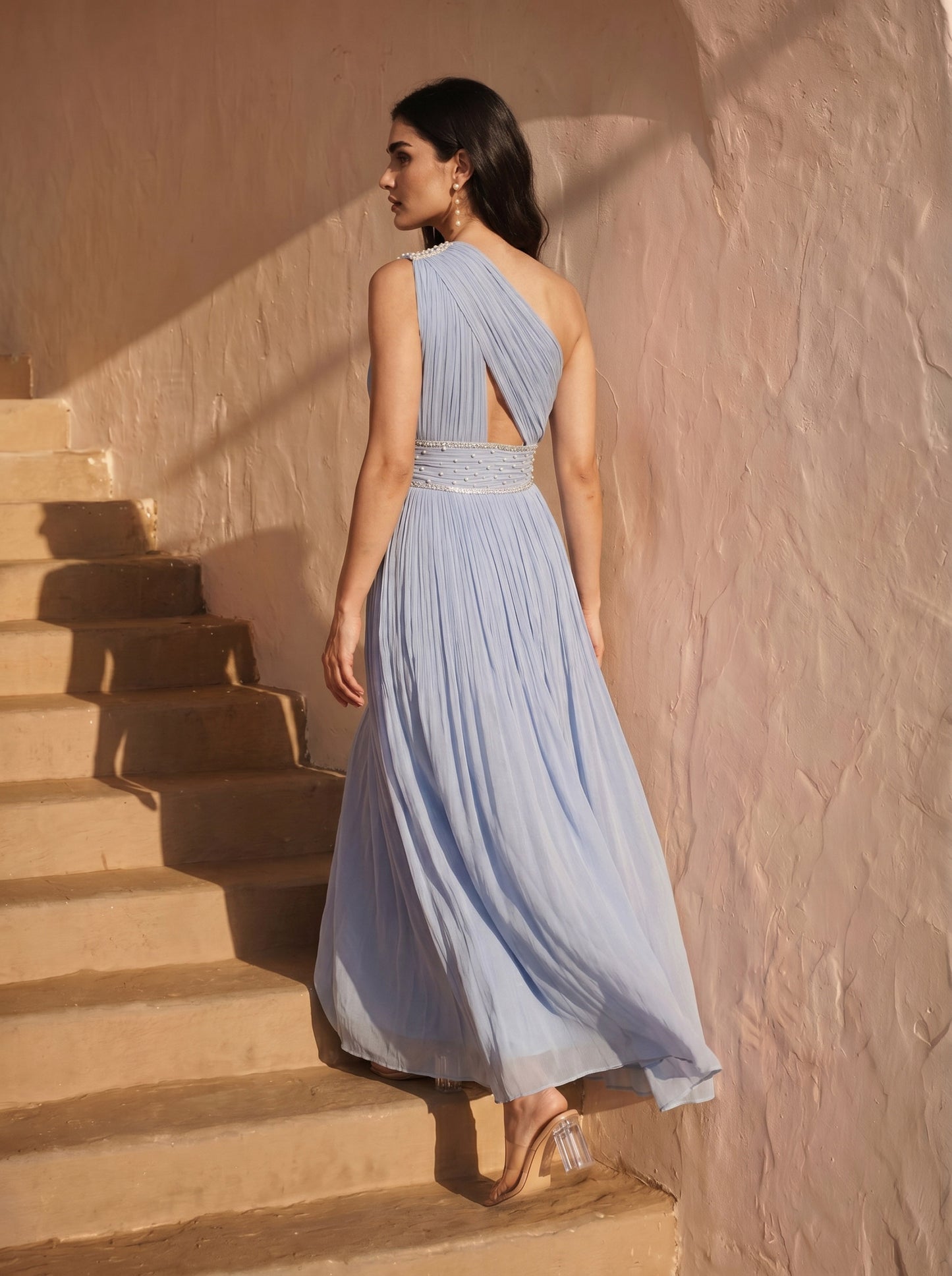Powder Blue Chinon Pearl Hand Work Party Wear One-shoulder Pleated Gown