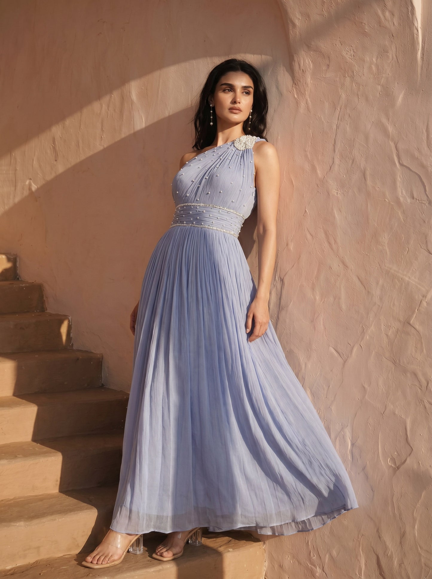 Powder Blue Chinon Pearl Hand Work Party Wear One-shoulder Pleated Gown