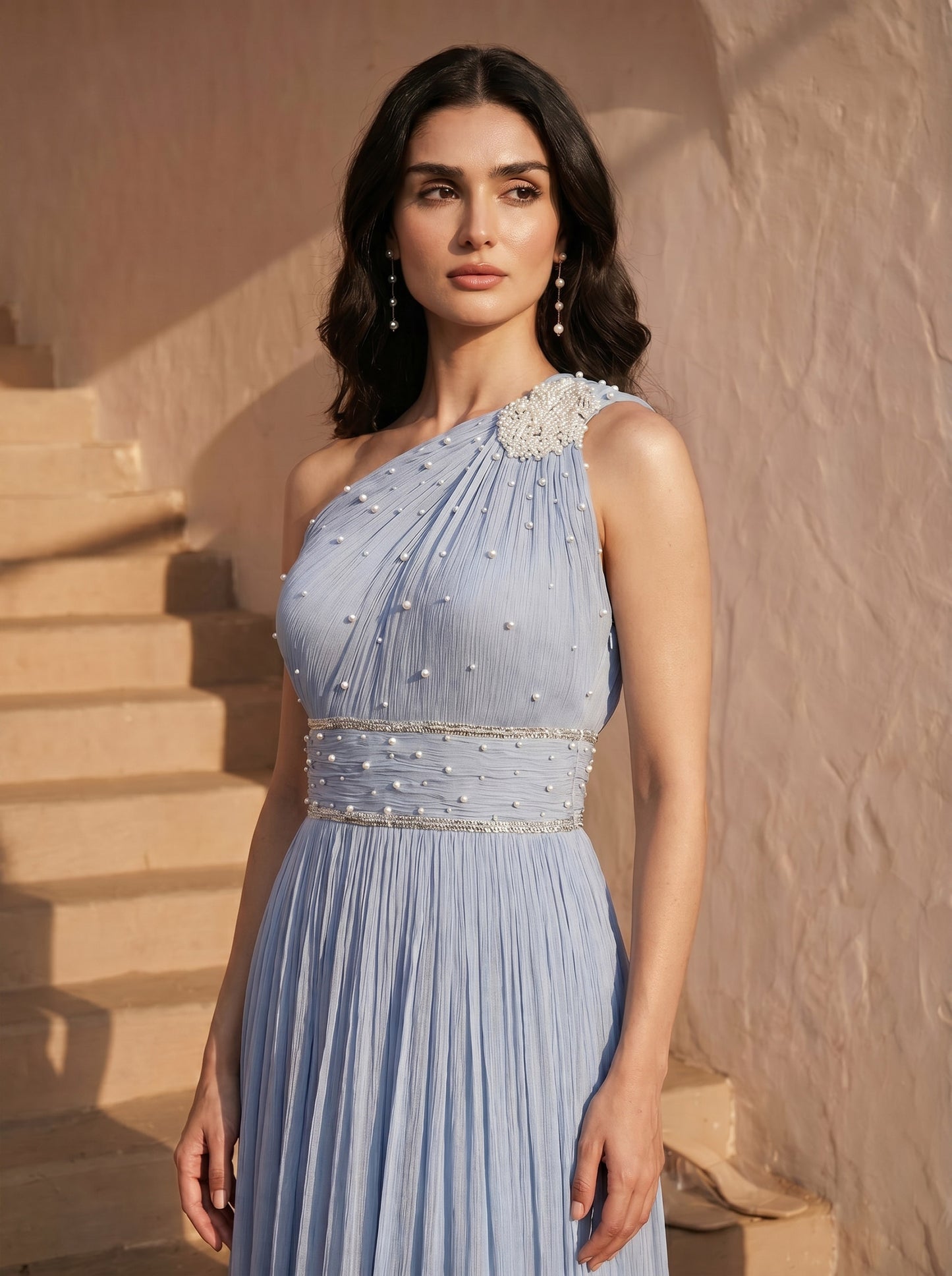 Powder Blue Chinon Pearl Hand Work Party Wear One-shoulder Pleated Gown