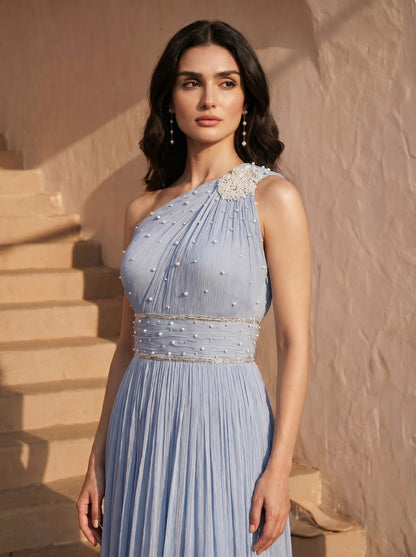 Powder Blue Chinon Pearl Hand Work Party Wear One-shoulder Pleated Gown