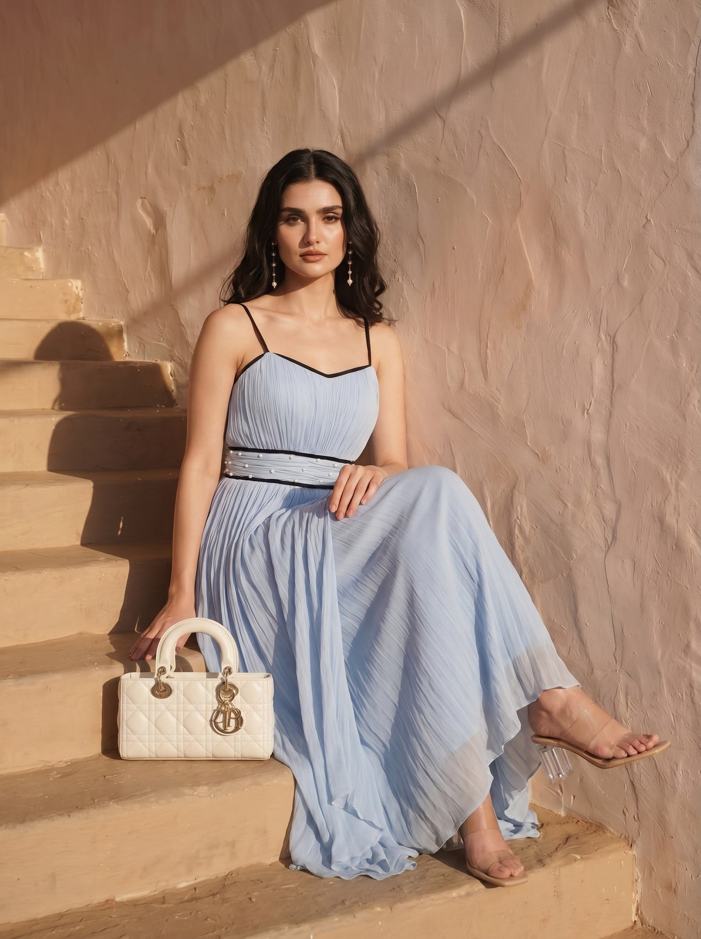 Celeste  Powder Blue Chinon Pearl Hand Work Party Wear Pleated Maxi Dress