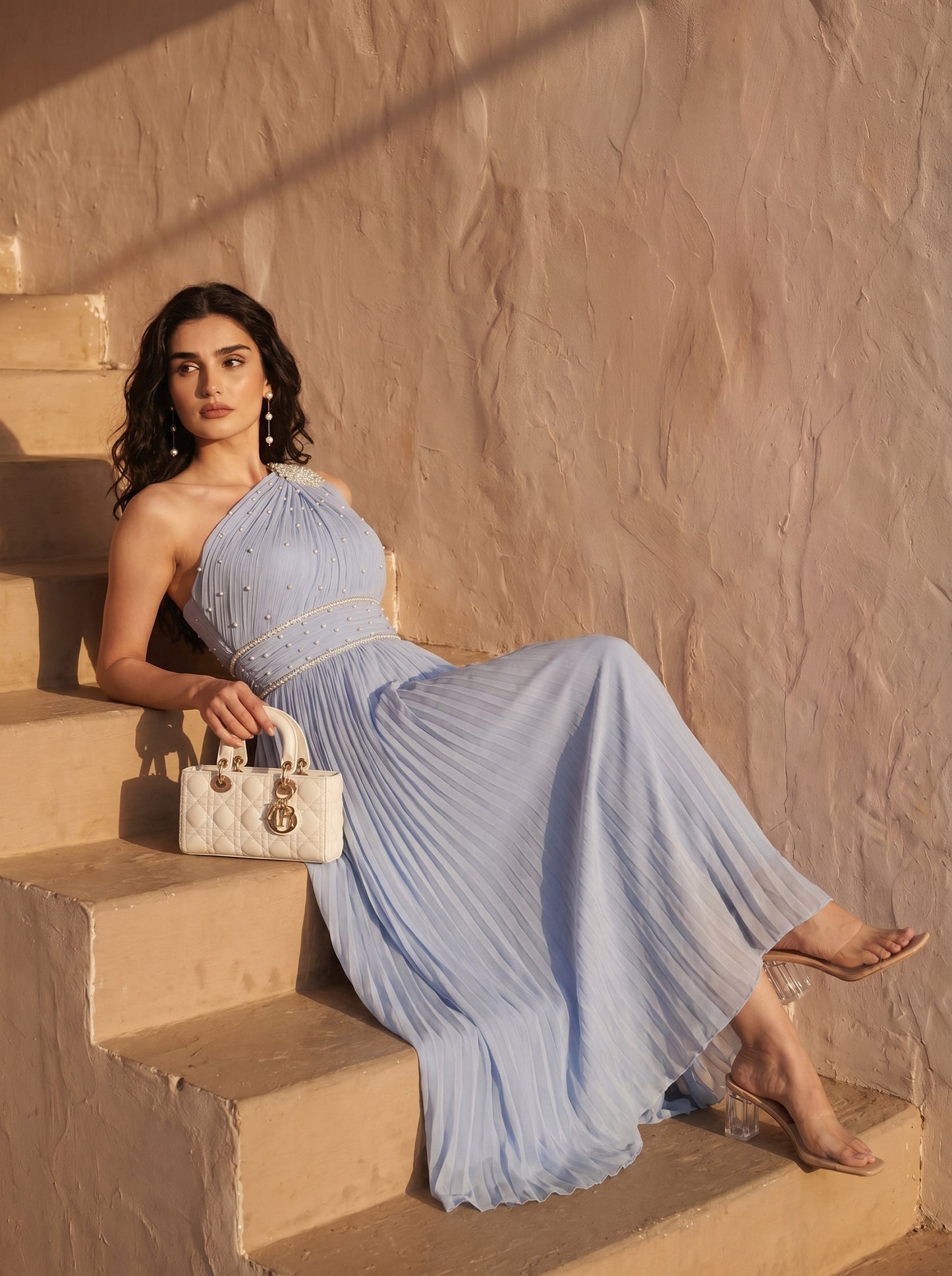 Powder Blue Chinon Pearl Hand Work Party Wear One-shoulder Pleated Gown