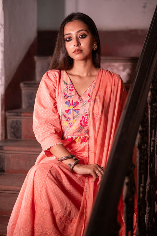 Peach Kora Cotton Embroidered With Straight Pants