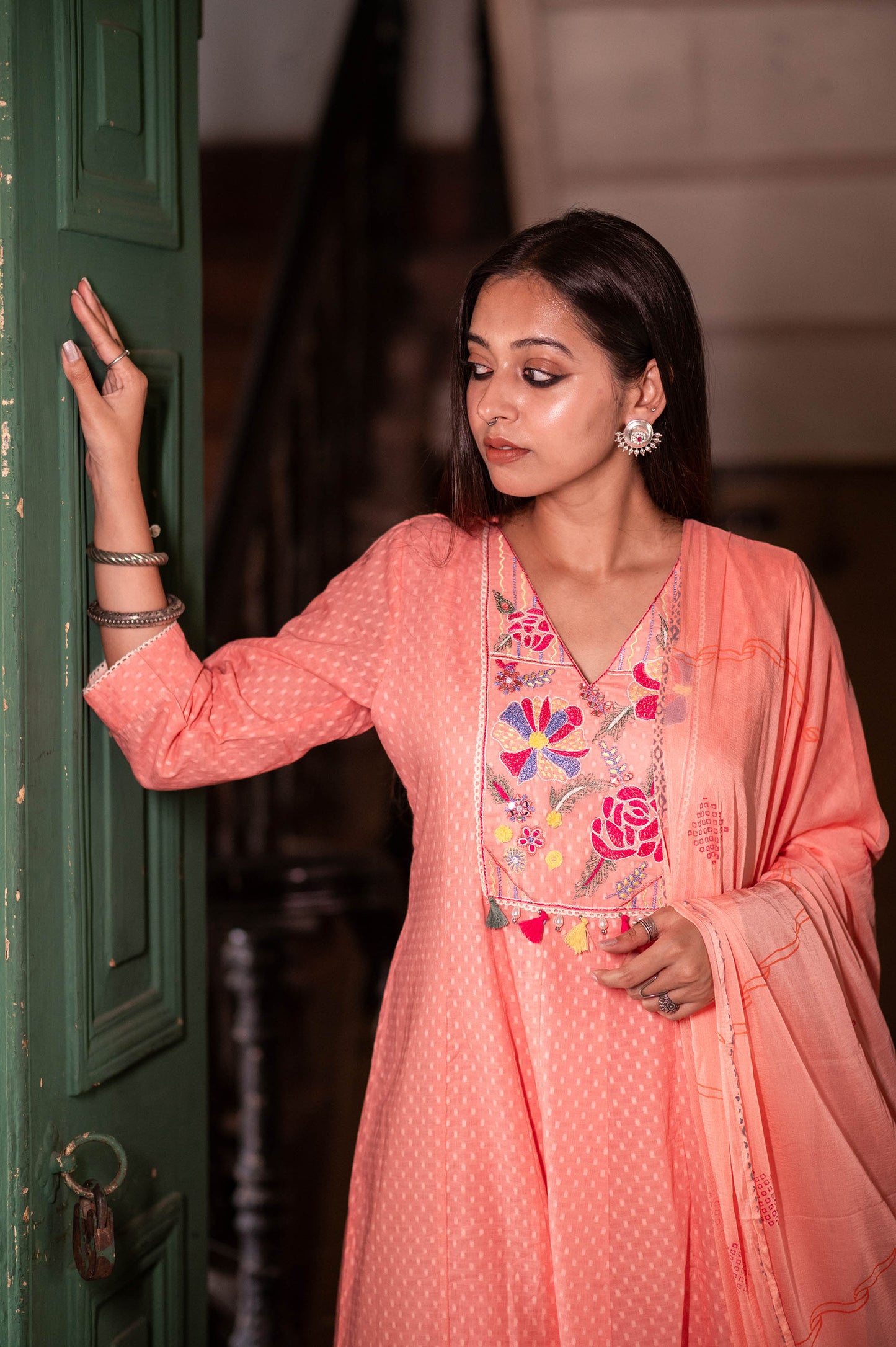Peach Kora Cotton Embroidered With Straight Pants
