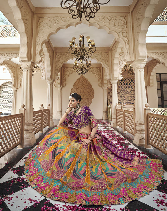 Purple & Multi Color Banarasi Silk Zarkan & Cutwork Embroidery Bridal Lehenga