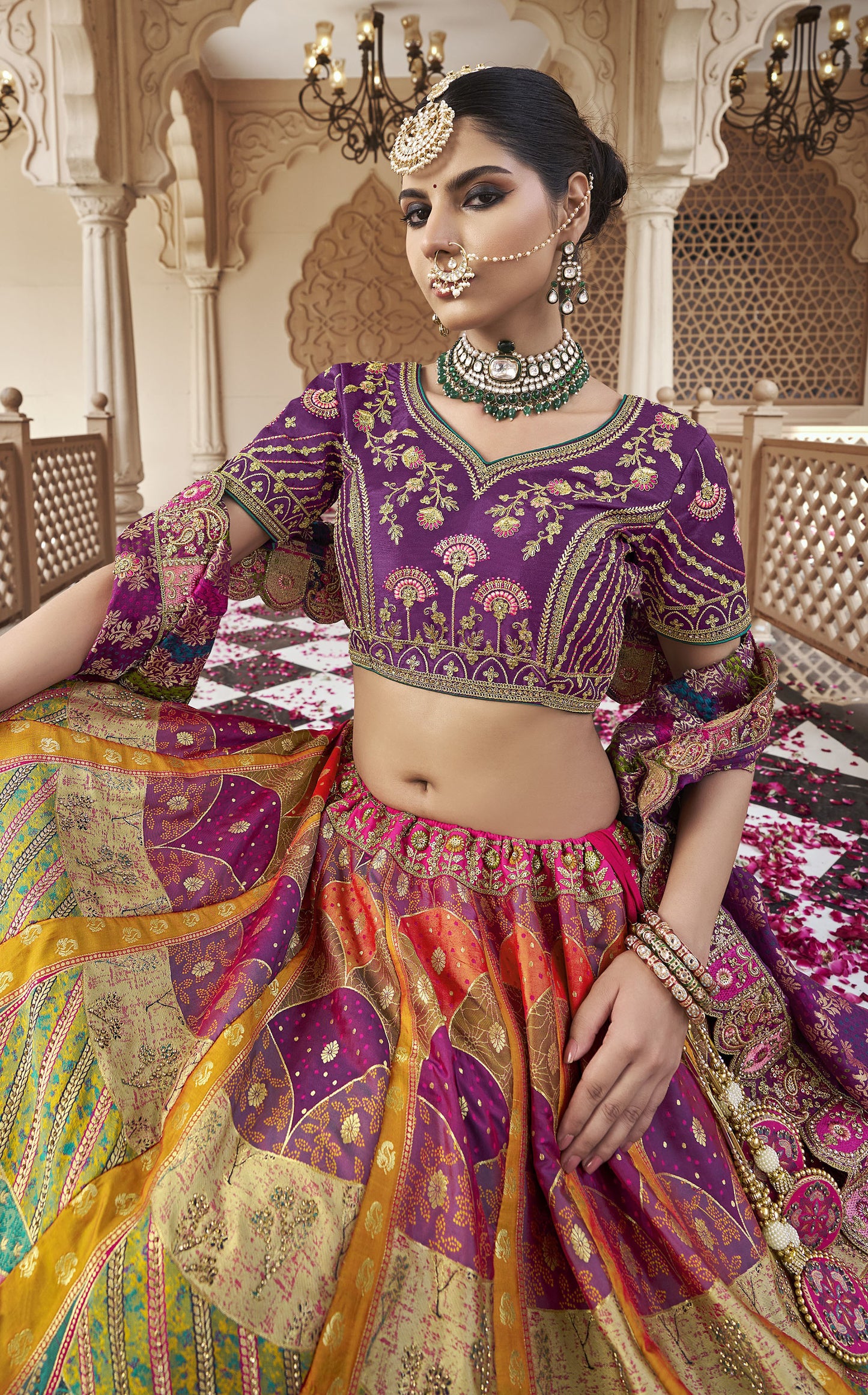 Purple & Multi Color Banarasi Silk Zarkan & Cutwork Embroidery Bridal Lehenga
