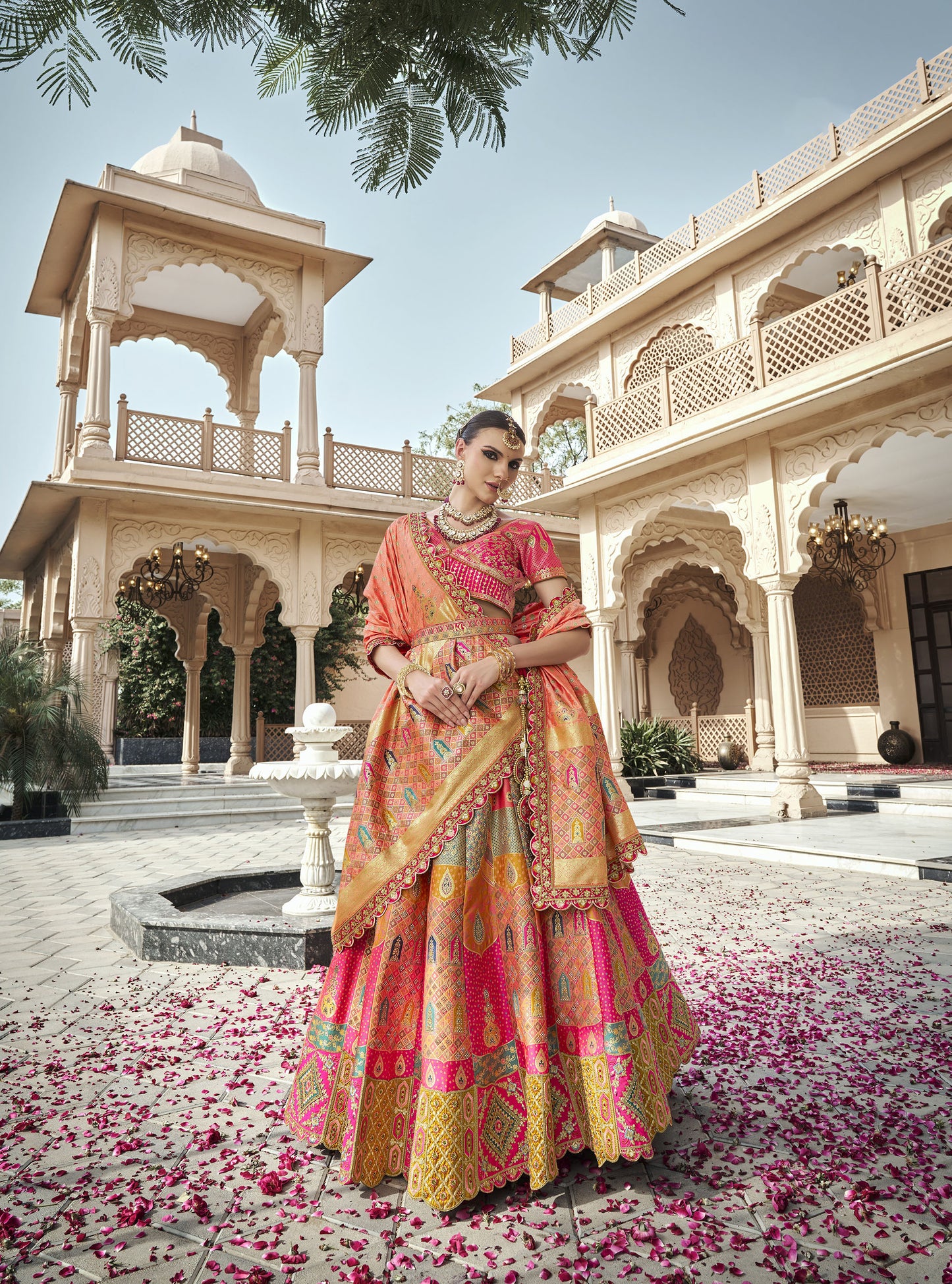 Peach & Pink Banarasi Silk Zarkan & Cutwork Embroidery Bridal Lehenga
