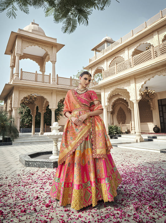 Peach & Pink Banarasi Silk Zarkan & Cutwork Embroidery Bridal Lehenga