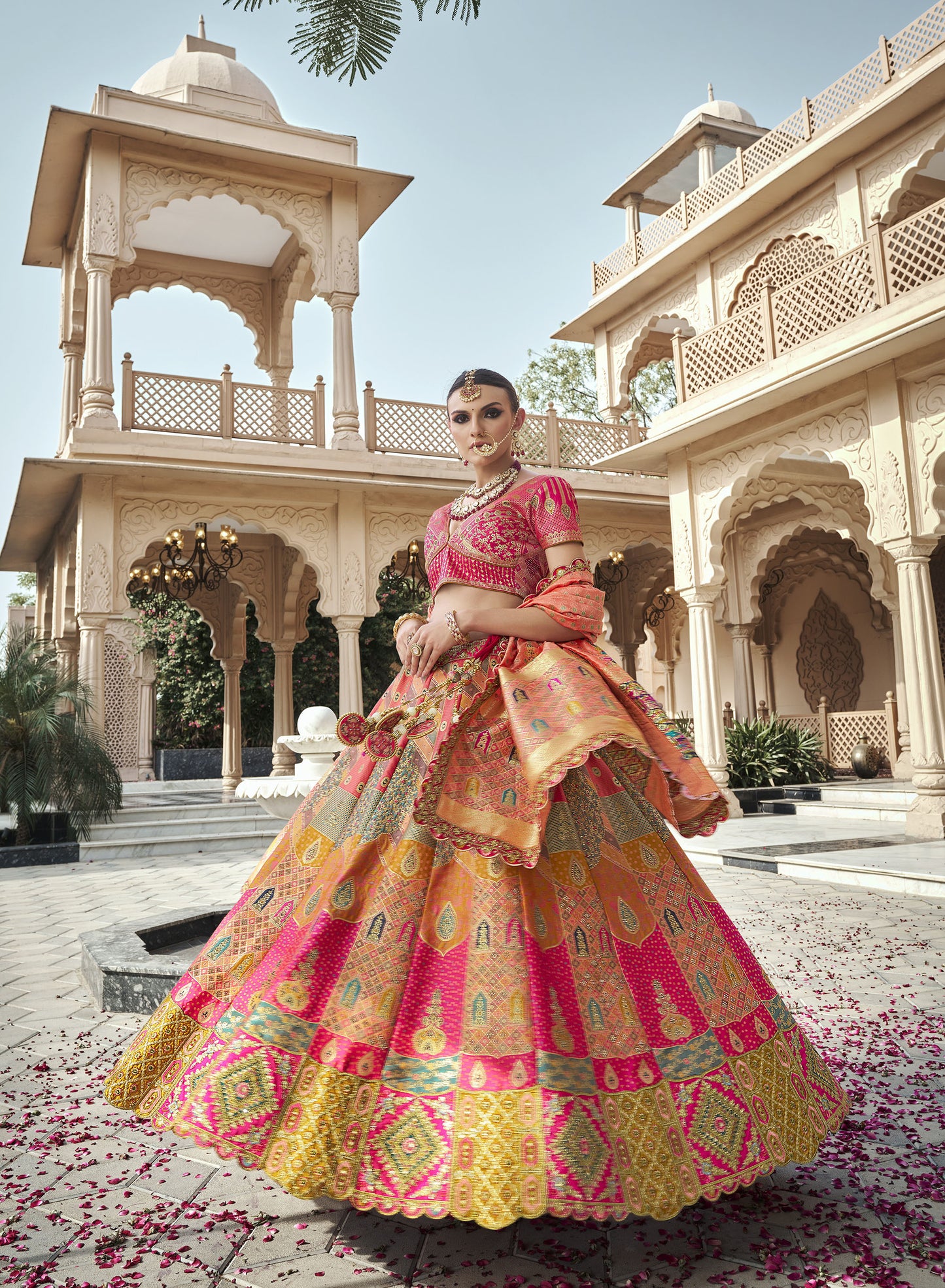 Peach & Pink Banarasi Silk Zarkan & Cutwork Embroidery Bridal Lehenga