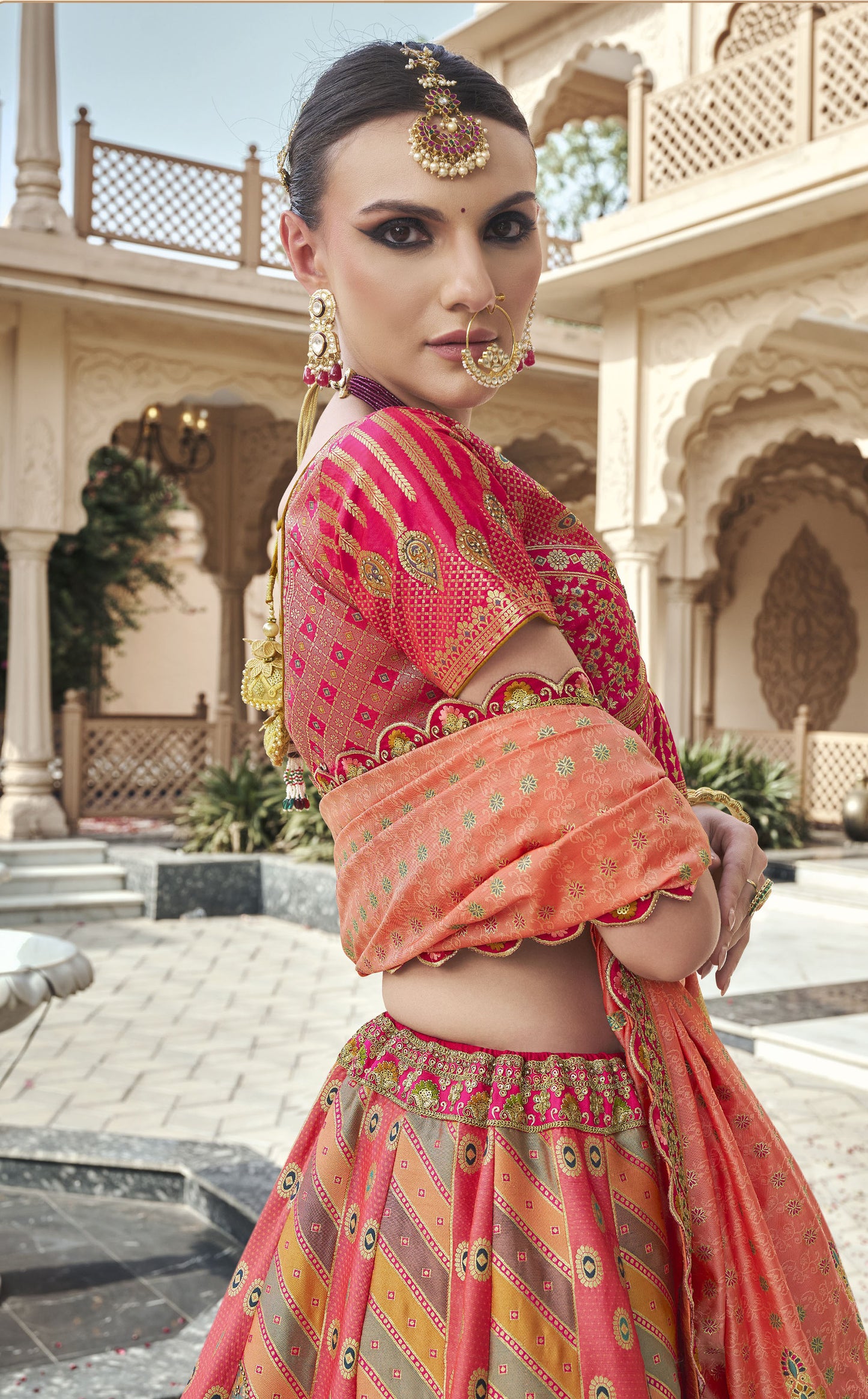 Peach & Pink Banarasi Silk Zarkan & Cutwork Embroidery Bridal Lehenga