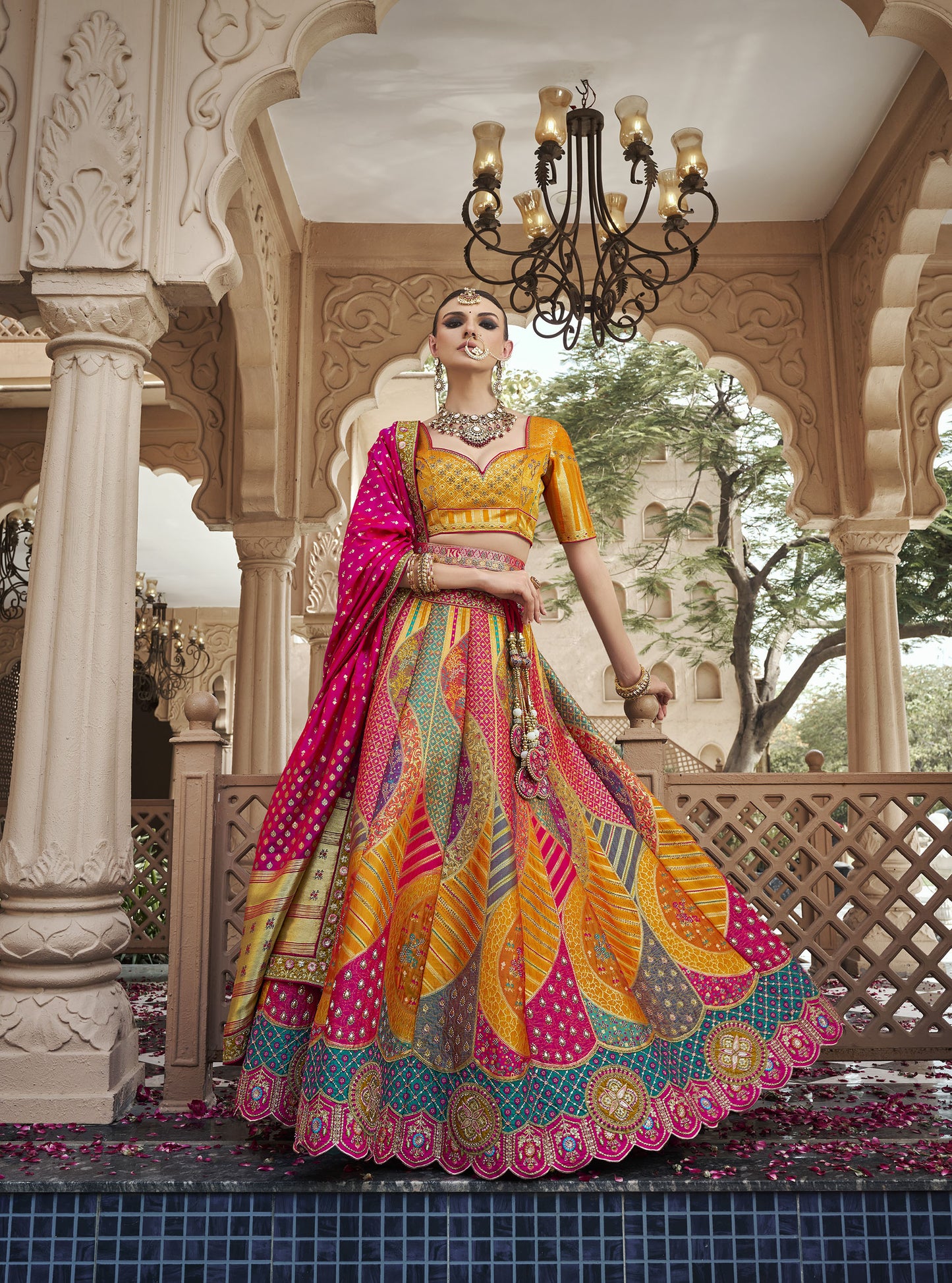 Yellow & Pink Banarasi Silk Zarkan & Cutwork Embroidery Bridal Lehenga