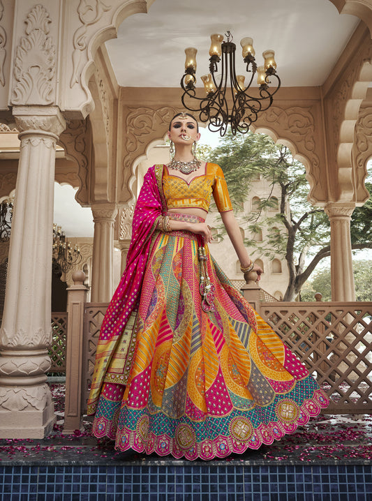 Yellow & Pink Banarasi Silk Zarkan & Cutwork Embroidery Bridal Lehenga