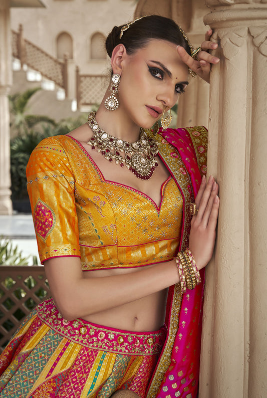Yellow & Pink Banarasi Silk Zarkan & Cutwork Embroidery Bridal Lehenga