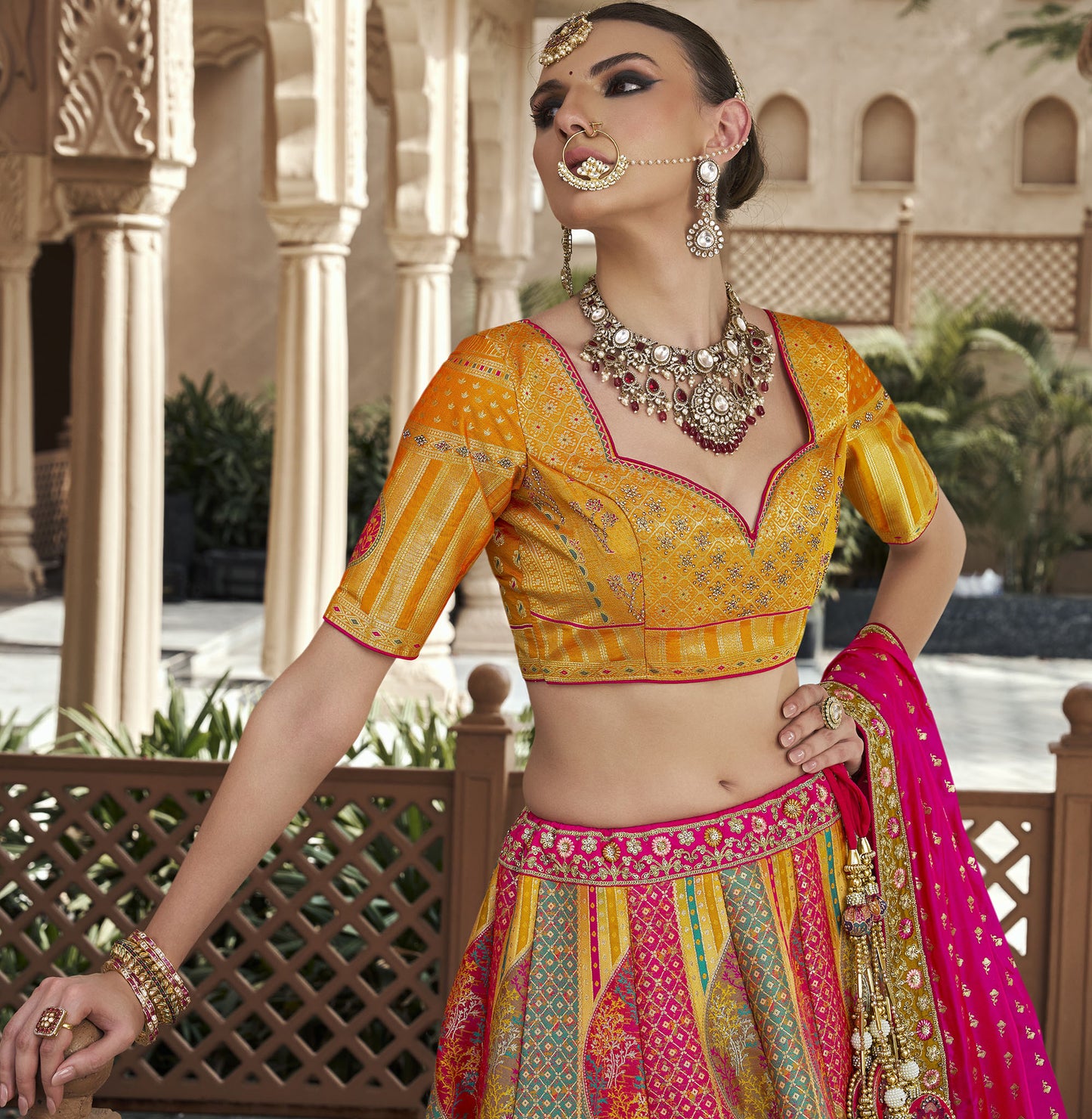 Yellow & Pink Banarasi Silk Zarkan & Cutwork Embroidery Bridal Lehenga