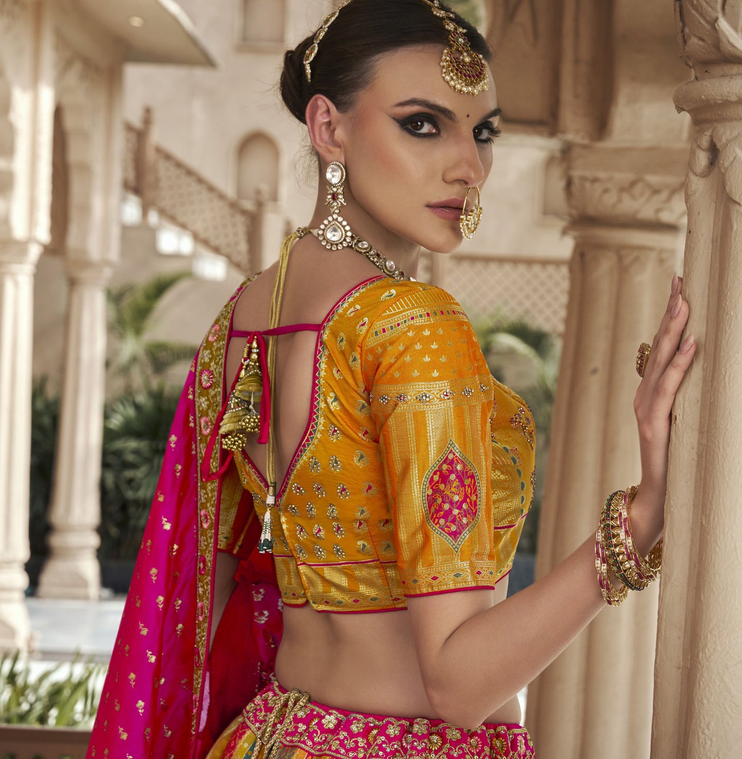 Yellow & Pink Banarasi Silk Zarkan & Cutwork Embroidery Bridal Lehenga