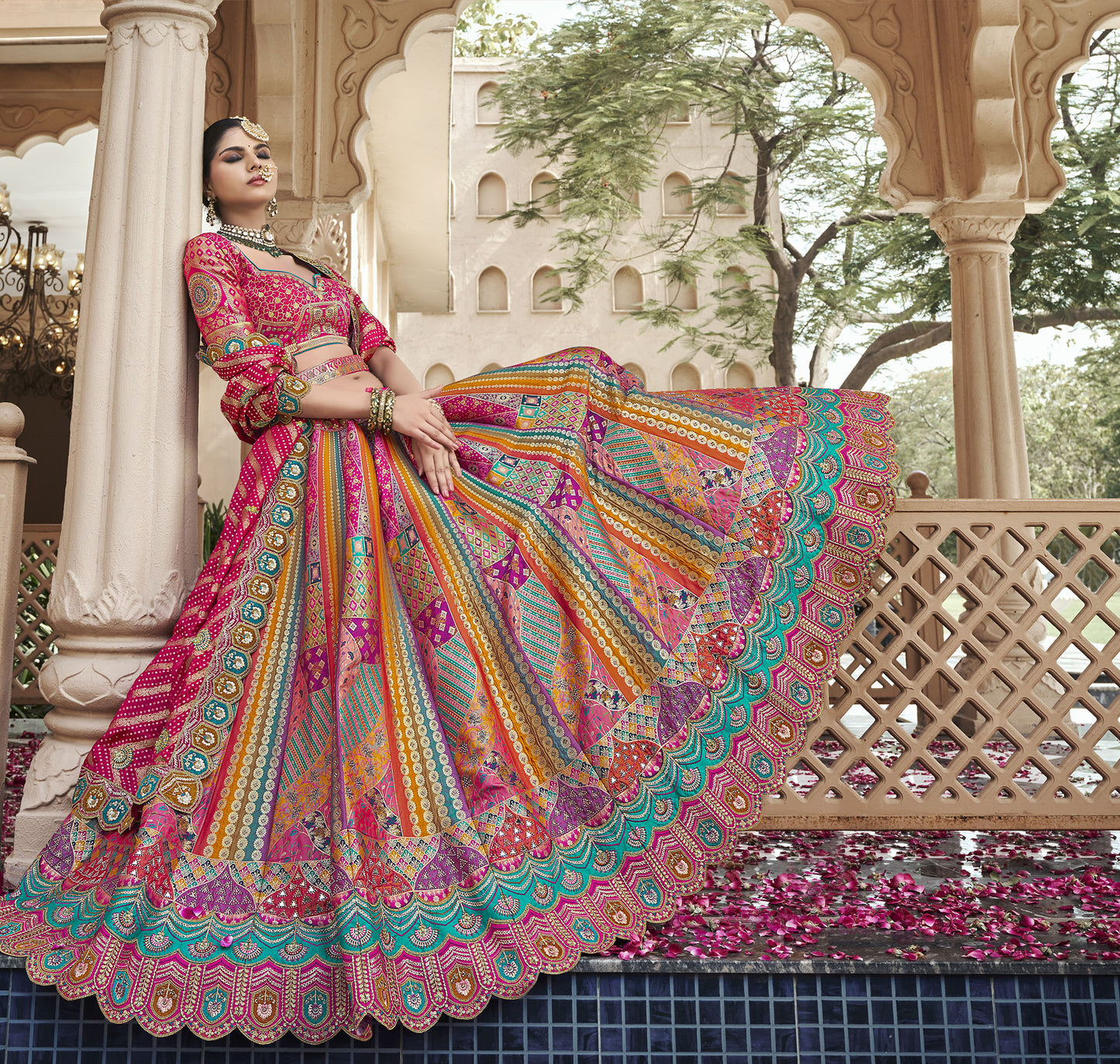 Pink & Multi Color Banarasi Silk Zarkan & Cutwork Embroidery Bridal Lehenga