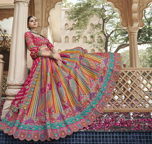 Pink & Multi Color Banarasi Silk Zarkan & Cutwork Embroidery Bridal Lehenga