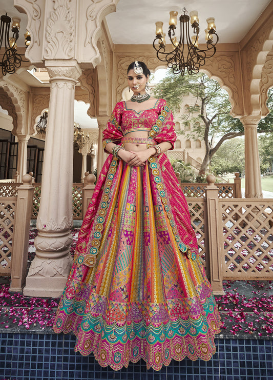 Pink & Multi Color Banarasi Silk Zarkan & Cutwork Embroidery Bridal Lehenga