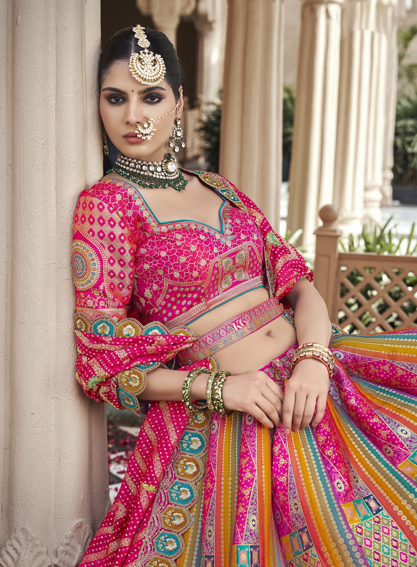 Pink & Multi Color Banarasi Silk Zarkan & Cutwork Embroidery Bridal Lehenga
