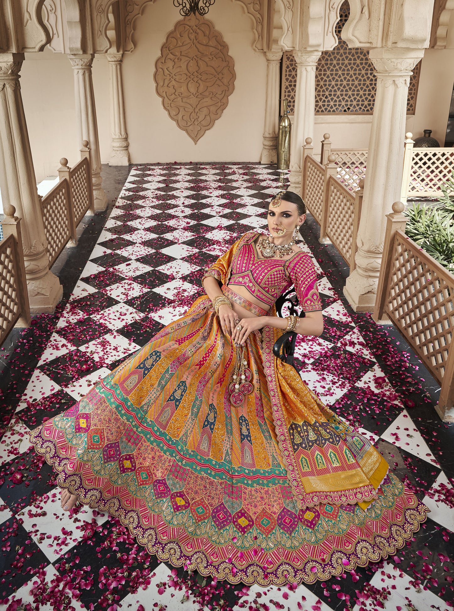 Mustard Yellow & Pink Banarasi Silk Zarkan & Cutwork Embroidery Bridal Lehenga
