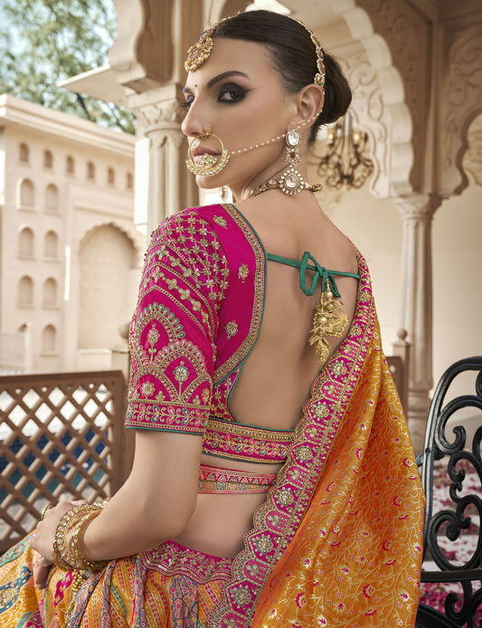 Mustard Yellow & Pink Banarasi Silk Zarkan & Cutwork Embroidery Bridal Lehenga