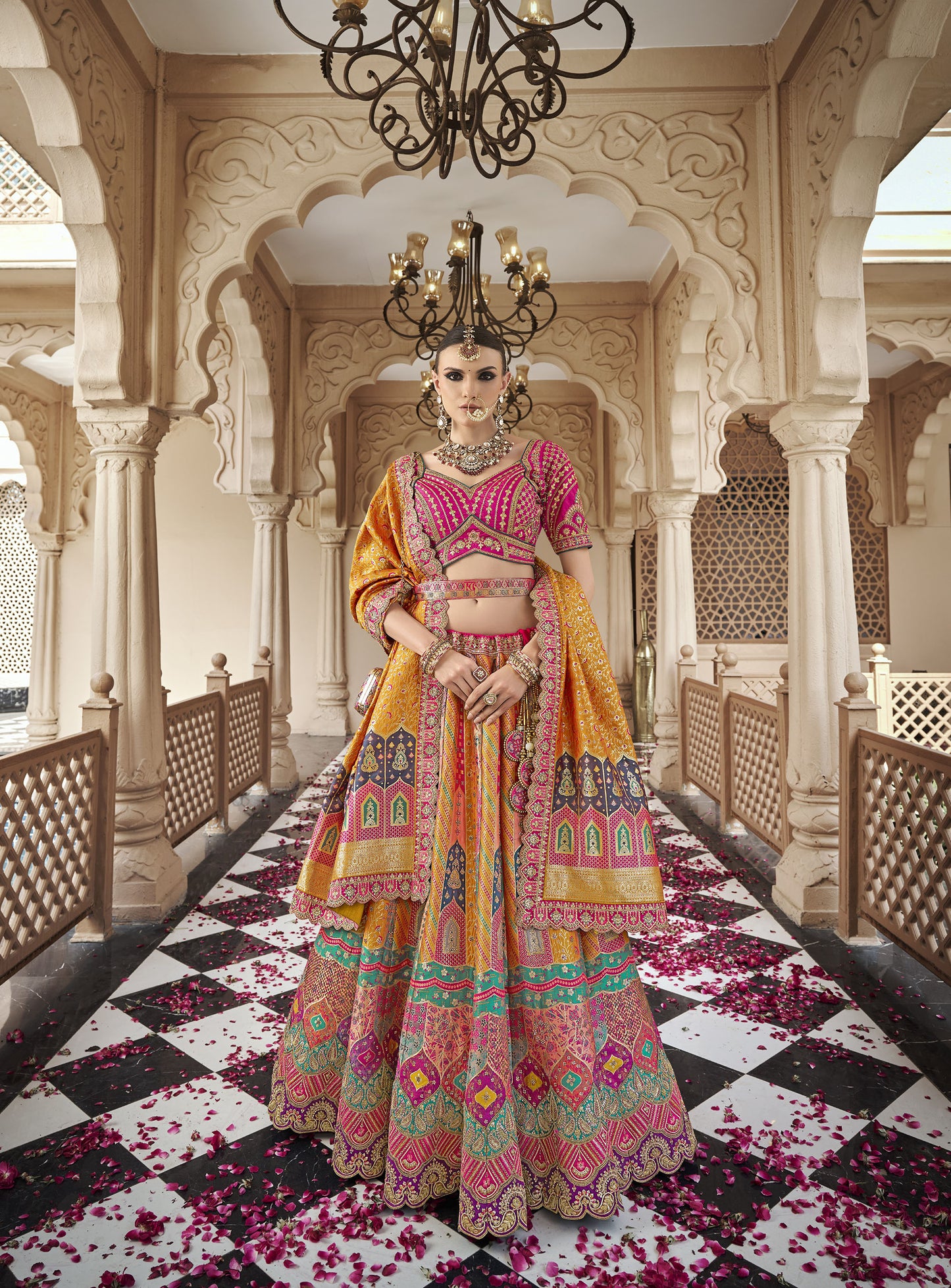 Mustard Yellow & Pink Banarasi Silk Zarkan & Cutwork Embroidery Bridal Lehenga