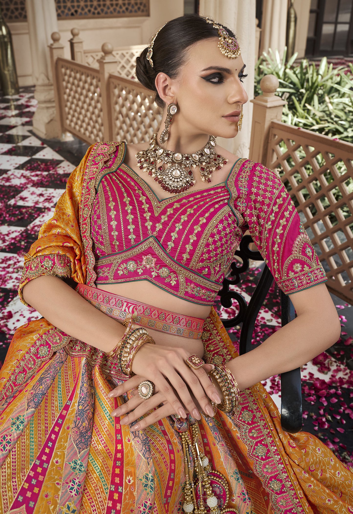 Mustard Yellow & Pink Banarasi Silk Zarkan & Cutwork Embroidery Bridal Lehenga